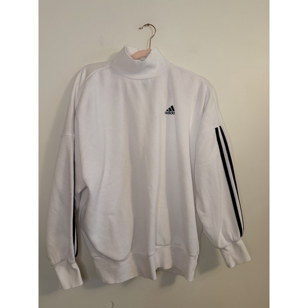 Adidas Womens Mock Neck Sweatshirt White Oversized Pullover Sz S